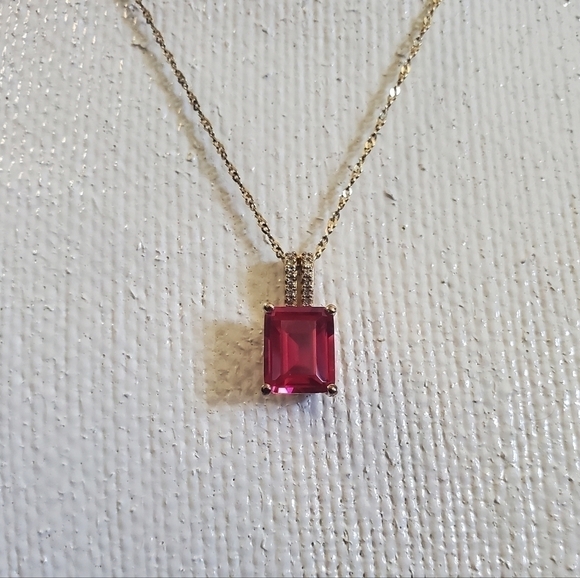 Ruby Emerald Stone Diamond Accent 14K Gold Over Silver Pendant Necklace - Picture 3 of 12